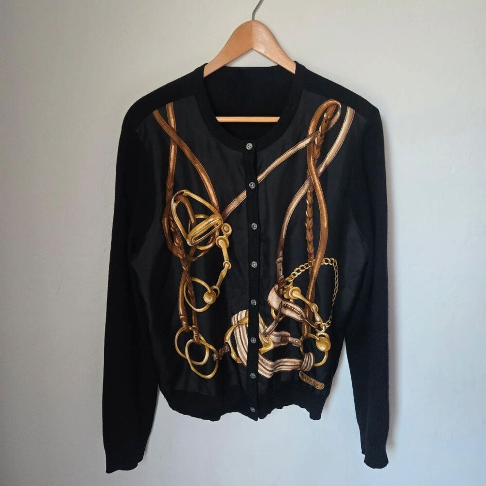 Vintage Lauren Ralph Lauren Equestrian Print Silk Front Cardigan Sweater Sz L